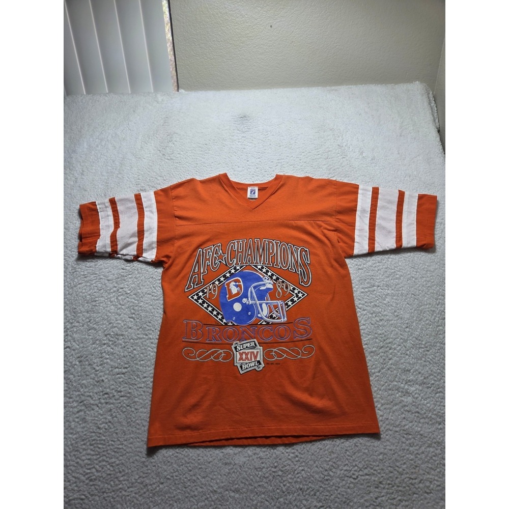 Vintage 1989 Denver Broncos AFC Champions Tee Size Large Logo 7 USA Orange Rare - Picture 4 of 8